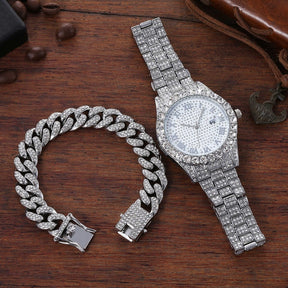 Relógio Masculino e Pulseira Cravejada - Kit de Luxo